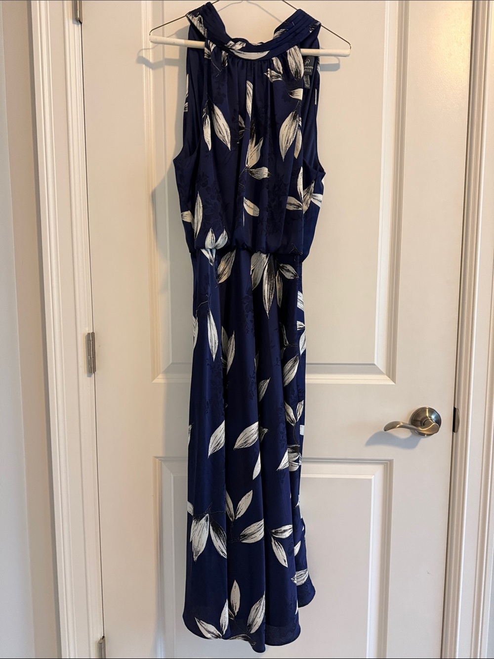Adrianna Papell 12  navy leaf print halter neck dress 👗 - Picture 2 of 10